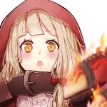  1girl :o bangs belt belt_buckle blonde_hair blurry blurry_foreground blush buckle fire hair_between_eyes hair_ribbon highres little_red_riding_hood_(sinoalice) long_hair looking_at_viewer portrait red_hood ribbon rico_tta simple_background sinoalice solo white_background yellow_eyes 