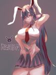  1girl animal_ears arm_up armpits bangs bare_shoulders breasts bright_pupils character_name closed_mouth collared_shirt contrapposto cowboy_shot expressionless eyebrows_behind_hair grey_background hair_between_eyes hair_flowing_over hand_on_hip highres large_breasts long_hair looking_to_the_side naufaldreamer necktie pleated_skirt purple_hair purple_skirt rabbit_ears red_neckwear reisen_udongein_inaba shirt simple_background skirt sleeveless sleeveless_shirt solo thigh-highs touhou very_long_hair white_legwear white_shirt wing_collar 