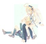  1boy 1girl angel angel_wings bangs blonde_hair blue_eyes blue_jacket blue_legwear blue_shorts bow bubble chinese_commentary collared_shirt commentary_request flower grey_footwear hair_bow hair_flower hair_ornament hairclip halo jacket kagamine_len kagamine_rin kneehighs looking_at_another looking_down looking_up parted_lips ribbon shirt short_hair short_ponytail short_shorts shorts sitting sleeveless sleeveless_shirt smile sock_garters striped striped_ribbon swept_bangs vocaloid w.r.b white_bow white_legwear white_shirt white_shorts wings wrist_cuffs 