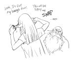  1boy 1girl bald bangs bb_(baalbuddy) beard commentary cutting_hair elf english_commentary english_text facial_hair greyscale highres long_beard long_hair monochrome original pointy_ears scissors shirt simple_background t-shirt white_background wide-eyed 