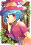 1girl asymmetrical_sleeves bangs blue_hair blunt_bangs blurry blurry_background blush closed_mouth commentary_request depth_of_field dress eyebrows_visible_through_hair hand_up hat index_finger_raised kou_hiyoyo layered_sleeves long_sleeves looking_at_viewer mushroom orange_dress original polka_dot polka_dot_dress red_eyes red_headwear red_shirt shirt short_hair short_over_long_sleeves short_sleeves smile solo witch_hat 