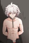  1boy abs absurdres arms_behind_back artist_name bangs black_pants bruise chain closed_mouth collar collarbone cowboy_shot dangan_ronpa_(series) dangan_ronpa_another_episode:_ultra_despair_girls gon_(congchuabuoito) grey_background grey_hair hair_between_eyes highres injury komaeda_nagito looking_at_viewer male_focus male_underwear messy_hair navel open_pants pants shirtless short_hair simple_background smile solo sweat two-tone_background underwear 