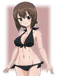  1girl ass_visible_through_thighs bangs bikini black_bikini breasts brown_eyes brown_hair closed_mouth commentary cowboy_shot eyebrows_visible_through_hair front-tie_bikini front-tie_top girls_und_panzer groin halterneck looking_at_viewer medium_breasts navel nishizumi_maho outline short_hair side-tie_bikini smile solo standing swimsuit takahashi_kurage thigh_gap white_outline 