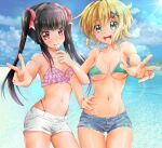  2girls akatsuki_kirika bangs bikini black_hair blonde_hair blunt_bangs breasts green_bikini green_eyes hair_ornament lens_flare looking_at_viewer medium_breasts multiple_girls navel ocean pink_bikini pink_eyes ryou.r senki_zesshou_symphogear shiny shiny_hair shiny_skin short_shorts shorts small_breasts smile swimsuit tsukuyomi_shirabe twintails under_boob v water wet x_hair_ornament 