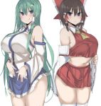  2girls :o :q \||/ ascot bangs bare_shoulders blue_eyes blue_skirt blush bow breasts brown_hair collared_vest cowboy_shot detached_sleeves eyebrows_visible_through_hair frilled_bow frilled_hair_tubes frills frog_hair_ornament golgi_hon green_hair hair_between_eyes hair_ornament hair_tubes hakurei_reimu highres kochiya_sanae large_breasts long_hair long_sleeves looking_at_viewer multiple_girls parted_lips red_bow shirt short_hair simple_background sketch skirt thigh-highs tongue tongue_out touhou very_long_hair vest violet_eyes white_background white_legwear white_shirt wide_sleeves wing_collar yellow_neckwear 