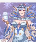  1girl blue_hair breasts bridal_gauntlets circlet granblue_fantasy hand_on_hip highres large_breasts macula_marius short_hair snowflake_background snowman umiboozu_(uminoyoukai) violet_eyes wide_sleeves 