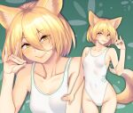  1girl animal_ears bangs bare_shoulders blonde_hair breasts closed_mouth eyebrows_visible_through_hair eyes_visible_through_hair fox_ears fox_tail green_background hair_between_eyes hand_up highres kudamaki_tsukasa looking_at_viewer medium_breasts short_hair smile solo standing swimsuit tail tarmo teeth touhou white_swimsuit yellow_eyes 