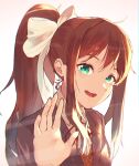  1girl :d absurdres bangs blazer blush bow brown_hair brown_vest commentary_request doki_doki_literature_club eyebrows_visible_through_hair green_eyes grey_background grey_jacket hair_bow hand_up highres jacket long_hair looking_at_viewer monika_(doki_doki_literature_club) neck_ribbon open_clothes open_jacket open_mouth orr_(kkkkbbbbc) ponytail red_ribbon ribbon sidelocks simple_background smile solo upper_body upper_teeth vest white_bow 