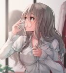  1girl brown_eyes buttons collarbone collared_shirt cup drinking drinking_glass grey_hair highres holding holding_cup k_jie kantai_collection long_hair long_sleeves pola_(kancolle) shirt sidelocks solo upper_body wavy_hair white_shirt 
