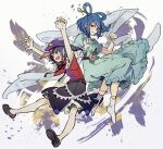  2girls :d aqua_dress arms_up bangs belt black_skirt blue_eyes blue_hair breasts closed_mouth commentary_request dress eyebrows_visible_through_hair flat_chest flower full_body hagoromo hair_ornament hair_rings hair_stick hand_on_another&#039;s_head hat_ornament holding_shawl jiangshi kaku_seiga looking_at_another medium_breasts miyako_yoshika multiple_girls ofuda open_clothes open_mouth open_vest outstretched_arms pink_flower pointy_ears puffy_short_sleeves puffy_sleeves purple_hair red_shirt shawl shirt short_hair short_sleeves simple_background skirt smile star_(symbol) star_hat_ornament syuri22 touhou vest violet_eyes white_background white_vest zombie_pose 