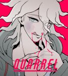  1boy artist_name bangs blood blood_from_mouth blood_on_fingers bloody_hands collarbone commentary_request dangan_ronpa_(series) dangan_ronpa_2:_goodbye_despair eyes_visible_through_hair finger_to_mouth grey_eyes grey_hair halftone hand_up highres hood hooded_jacket jacket komaeda_nagito looking_at_viewer messy_hair nosebleed pink_background pink_blood polka_dot simple_background solo tege_(tege_xxx) 