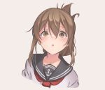  1girl anchor_symbol black_sailor_collar blush brown_eyes brown_hair folded_ponytail grey_background hair_between_eyes highres inazuma_(kancolle) kantai_collection knt02142769 long_hair looking_at_viewer neckerchief open_mouth portrait red_neckwear sailor_collar school_uniform serafuku simple_background solo 