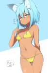 1girl absurdres animal_ear_fluff animal_ears ass_visible_through_thighs bangs bikini blue_background blue_hair blush breasts brown_eyes closed_mouth eyebrows_visible_through_hair groin hair_between_eyes hand_up highres idaten93 long_hair looking_at_viewer navel original small_breasts solo swimsuit tan terufu-chan thigh_gap two-tone_background white_background yellow_bikini