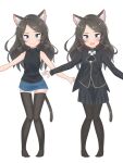  1girl :d absurdres animal_ear_fluff animal_ears ass_visible_through_thighs black_jacket black_shirt black_skirt blue_eyes blue_skirt bow bowtie breasts brown_hair brown_legwear cat_ears cat_tail denim denim_skirt highres jacket knees_together_feet_apart long_hair looking_at_viewer miniskirt multiple_views nekoze_(s22834712) open_clothes open_jacket open_mouth original outstretched_arms pleated_skirt shirt skirt sleeveless sleeveless_shirt small_breasts smile spread_arms tail thigh-highs thigh_gap tu_ya_(nekoze) white_bow white_neckwear zettai_ryouiki 