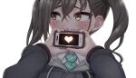  1girl arms_around_neck black_hair black_jacket blush brown_eyes cellphone diagonal-striped_neckwear diagonal_stripes dokudoku913 drawstring green_neckwear heart holding holding_phone hood hood_down hooded_jacket idolmaster idolmaster_cinderella_girls jacket long_hair looking_away mole mole_under_eye phone simple_background smartphone solo striped striped_neckwear sunazuka_akira twintails white_background 