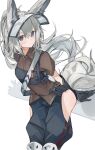  1girl absurdres animal_ears arknights black_gloves blue_eyes blue_pants blush brown_shirt commentary elbow_gloves feet_out_of_frame gloves grani_(arknights) grey_hair hair_between_eyes highres hip_vent horse_ears horse_girl horse_tail knee_pads leaning_forward long_hair looking_at_viewer mikojin pants ponytail shirt simple_background solo symbol-only_commentary tail white_background 