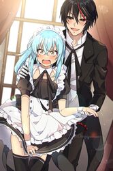 1boy 1other :d alternate_costume apron black_hair black_jacket black_legwear black_pants black_ribbon black_sclera black_shirt black_skirt blue_hair blush collarbone colored_sclera detached_collar diablo_(tensei_shitara_slime_datta_ken) dress_shirt embarrassed enmaided gloves highres holding_hands indoors jacket lens_flare long_hair long_sleeves maid maid_headdress multicolored_hair neck_ribbon open_clothes open_jacket open_mouth ou_negi pants ribbon rimuru_tempest shiny shiny_hair shirt short_hair short_sleeves shoulder_grab skirt skirt_tug smile standing streaked_hair tensei_shitara_slime_datta_ken thigh-highs twitter_username white_apron white_gloves white_shirt wrist_cuffs yellow_eyes zettai_ryouiki