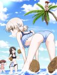  4girls aki_(girls_und_panzer) alisa_(girls_und_panzer) ass bangs bent_over bikini black_bikini blue_bikini blue_headwear blue_sky blunt_bangs blurry blurry_background brown_eyes brown_hair closed_mouth clouds cloudy_sky coconut commentary crotch_seam day depth_of_field drinking_straw droplet eyebrows_visible_through_hair frilled_bikini frills from_behind girls_und_panzer green_eyes hair_tie hat hat_removed headwear_removed highres holding holding_clothes holding_hat horizon key_(gaigaigai123) leaning_forward light_brown_hair long_hair looking_at_another looking_at_viewer looking_back low_twintails medium_hair mika_(girls_und_panzer) mikko_(girls_und_panzer) multiple_girls navel no_pants ocean one_eye_closed outdoors palm_tree pink_shirt red_bikini redhead shirt short_hair short_twintails side-tie_bikini sitting sky sleeves_rolled_up smile solo_focus sparkle standing sweatdrop swimsuit tied_shirt tree twintails wading water wet 
