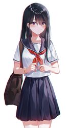  1girl bag bangs black_hair blue_sailor_collar blue_skirt blush bracelet closed_mouth hands_together highres jewelry long_hair looking_at_viewer original oso_5425 pleated_skirt red_neckwear sailor_collar school_bag school_uniform serafuku shirt short_sleeves simple_background skirt solo standing violet_eyes white_background white_shirt 