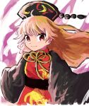  1girl bangs belt black_belt black_dress black_headwear bow bowtie closed_mouth crescent donki_(yeah) dress energy eyebrows_visible_through_hair hair_between_eyes hat junko_(touhou) long_hair long_sleeves looking_at_viewer orange_hair pom_pom_(clothes) red_eyes red_vest simple_background smile solo tabard touhou vest white_background wide_sleeves yellow_bow yellow_neckwear 