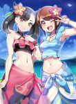  2girls ;d asymmetrical_bangs bangs beach black_hair blue_sky bracelet breasts brown_eyes brown_hair choker closed_mouth commentary_request dusk_ball flower gloria_(pokemon) green_eyes hair_flower hair_ornament hibiscus highres holding holding_poke_ball jewelry looking_at_viewer marnie_(pokemon) multiple_girls navel necklace ocean official_alternate_costume one_eye_closed open_mouth poke_ball pokemon pokemon_(game) pokemon_masters_ex sarong sky smile v water yasu_suupatenin yuri 