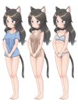  1girl absurdres animal_ear_fluff animal_ears bangs bare_arms bare_legs bare_shoulders barefoot black_choker blue_eyes blue_shirt blush bra breasts cat_ears cat_tail choker closed_mouth grey_bra grey_hair grey_panties highres long_hair multiple_views naked_shirt navel nekoze_(s22834712) original panties parted_bangs rags shirt short_sleeves simple_background small_breasts standing tail tu_ya_(nekoze) underwear underwear_only v_arms wavy_mouth white_background 