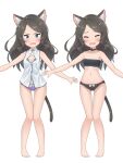  1girl 3: absurdres animal_ear_fluff animal_ears ass_visible_through_thighs bandeau bare_legs barefoot black_bra black_panties blue_eyes blush bow bowtie bra breasts brown_hair cat_ears cat_tail cleavage_cutout clothing_cutout d: embarrassed grey_shirt highres long_hair multiple_views navel nekoze_(s22834712) open_mouth original panties purple_panties shirt small_breasts tail thigh_gap tu_ya_(nekoze) underwear underwear_only wavy_mouth white_bow white_neckwear 