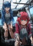  2girls android bag blue_eyes blue_hair doll_joints drawing duffel_bag hands_on_own_knees highres hood hoodie joints laboratory long_hair looking_down multiple_girls redhead robot_ears siblings sisters taiu tongue tongue_out 