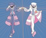  2boys adjusting_clothes adjusting_headwear brothers coat coat_lift collared_shirt emmet_(pokemon) full_body grey_neckwear hagomi_mikku hand_on_headwear hat ingo_(pokemon) male_focus multiple_boys necktie open_clothes open_coat pants pokemon pokemon_(game) pokemon_bw shirt shoes siblings smile striped_coat white_headwear white_pants white_shirt 