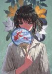  1girl black_eyes black_hair collared_shirt flower hand_fan highres holding holding_fan leaf long_sleeves looking_at_viewer original plant shadow shirt short_hair solo upper_body white_flower white_shirt window1228 yellow_flower 