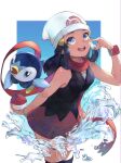  1girl :d bangs beanie black_legwear black_shirt blue_background blue_eyes blue_hair breasts commentary_request hikari_(pokemon) gen_4_pokemon hair_ornament hairclip hand_up hat holding holding_poke_ball long_hair looking_at_viewer open_mouth orr_(kkkkbbbbc) over-kneehighs pink_skirt piplup poke_ball pokemon pokemon_(anime) pokemon_(creature) pokemon_dppt_(anime) red_scarf scarf shirt skirt sleeveless sleeveless_shirt small_breasts smile solo thigh-highs upper_teeth water white_background white_headwear 
