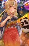  1girl absurdres adapted_costume blonde_hair blurry blurry_background dark-skinned_female dark_skin depth_of_field elf eyebrows_visible_through_hair fireworks food_stand hand_on_own_chest highres hololive kintsuba_(shiranui_flare) long_hair looking_at_viewer multicolored_hair nori_55512 obi orange_eyes pointy_ears sash shiranui_flare shirt solo streaked_hair summer_festival v-shaped_eyebrows violet_eyes virtual_youtuber white_shirt 
