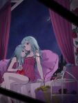  2girls apple aqua_eyes aqua_hair aqua_nails arm_at_side arm_support backlighting bare_arms bare_legs bed_sheet box breasts building camisole chain city cityscape collarbone crescent_moon curtains dual_persona facing_away fingernails flower food fruit furrowed_brow gift gift_box glint hatsune_miku high_heels highres holding holding_food holding_fruit indoors lace lace-trimmed_camisole lace_trim leaf leaning_on_person light_particles long_hair looking_afar macaron mallow_(di_fushang) messy_hair moon moonlight multiple_girls night night_sky open_window parted_lips pastry petals pillow pink_camisole pink_flower pink_rose plant polka_dot polka_dot_camisole red_flower red_footwear red_rose rose rose_petals sad shoes shoes_removed side-by-side silhouette sitting sky sleepwear small_breasts star_(sky) starry_sky strap_slip tiered_tray tower vines vocaloid wall watashi_to_juliet_(vocaloid) window 