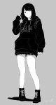  1girl :&lt; ankle_boots boots closed_mouth cross-laced_footwear dated full_body grey_background greyscale hand_up highres hood hood_down hoodie long_sleeves looking_at_viewer miniskirt monochrome original pigeon-toed pleated_skirt signature simple_background skirt solo yukiyoshi_mamizu 