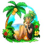  1boy beach bush closed_eyes dark_skin flower food fruit happy hau_(pokemon) male open_mouth shorts solo tree water 