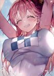 1girl ^_^ arms_up blush breasts clenched_teeth closed_eyes commentary_request eyebrows_visible_through_hair hololive large_breasts long_hair pink_hair redcomet sakura_miko shirt smile sweat teeth upper_body virtual_youtuber white_shirt 