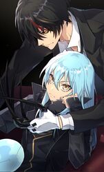  1boy 1other androgynous bangs black_background black_coat black_hair black_jacket black_sclera blue_hair closed_mouth coat colored_sclera diablo_(tensei_shitara_slime_datta_ken) eyebrows_visible_through_hair frown gloves hair_between_eyes head_rest highres jacket long_hair long_sleeves ou_negi rimuru_tempest shiny shiny_hair short_hair smile straight_hair tensei_shitara_slime_datta_ken v-shaped_eyebrows white_gloves yellow_eyes 