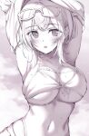  1girl armpits arms_up bikini blush breasts eyewear_on_head greyscale highres hololive large_breasts looking_at_viewer mole mole_on_breast monochrome navel oryou shirogane_noel short_hair solo sunglasses sweat swimsuit undressing virtual_youtuber 