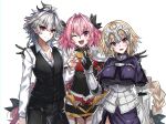  1girl 2boys armor astolfo_(fate) blonde_hair braid braided_ponytail breasts commentary_request cowboy_shot eyebrows_visible_through_hair fang fate/apocrypha fate_(series) grey_hair hair_between_eyes haoro jeanne_d&#039;arc_(fate) jeanne_d&#039;arc_(fate)_(all) large_breasts long_hair long_sleeves looking_at_viewer multiple_boys one_eye_closed open_mouth otoko_no_ko pink_hair red_eyes sieg_(fate) simple_background skin_fang smile tongue v violet_eyes white_background 