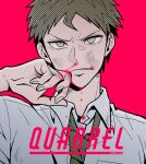  1boy artist_name bangs blood blood_on_face blood_on_fingers brown_eyes brown_hair collared_shirt commentary_request dangan_ronpa_(series) dangan_ronpa_2:_goodbye_despair green_neckwear halftone hand_on_own_face hand_up highres looking_at_viewer male_focus necktie portrait red_background shirt short_hair simple_background solo tege_(tege_xxx) wiping_face 