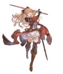  1girl absurdres black_legwear blonde_hair boots bow dress full_body gauntlets granblue_fantasy granblue_fantasy_versus hair_bow highres holding holding_sword holding_weapon knee_boots long_hair looking_at_viewer official_art ponytail red_eyes sheath short_dress skirt solo sword thigh-highs transparent_background vira_lilie weapon zettai_ryouiki 