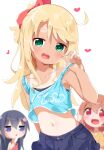  3girls :d bangs bare_arms bare_shoulders black_hair blonde_hair blue_eyes blurry blurry_background bow brown_hair clothes_writing collarbone commentary_request food green_eyes hair_bow heart highres himesaka_noa hoshino_hinata long_hair looking_at_viewer makuran midriff multiple_girls navel one-piece_tan open_mouth popsicle red_bow red_eyes shirosaki_hana short_ponytail simple_background smile tan tanlines watashi_ni_tenshi_ga_maiorita! white_background 