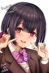  1girl :d black_hair blush bow bowtie brown_jacket dated eyebrows_visible_through_hair fingers_to_cheeks hair_bow hands_up highres hoshi_san_3 idolmaster idolmaster_shiny_colors jacket long_sleeves looking_at_viewer morino_rinze open_mouth pink_neckwear red_bow red_eyes simple_background smile solo upper_body white_background 