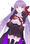  1girl bangs bb_(fate) black_cloak black_legwear black_skirt blush breasts cloak commentary eyebrows_visible_through_hair fate/extra fate/extra_ccc fate/grand_order fate_(series) gloves hair_ribbon highres large_breasts long_hair meloettta open_mouth petals purple_cloak purple_hair red_ribbon ribbon simple_background skirt solo thigh-highs two-tone_cloak very_long_hair violet_eyes white_background white_gloves zettai_ryouiki 