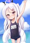  1girl arm_up bangs black_swimsuit blue_archive blue_sky blush clouds cloudy_sky collarbone commentary_request covered_navel day eyebrows_visible_through_hair hair_between_eyes hair_ornament hairclip halo highres hina_(blue_archive) horizon horns innertube long_hair name_tag neko_miyabi_(artist) ocean old_school_swimsuit one-piece_swimsuit one_side_up outdoors parted_bangs parted_lips partial_commentary school_swimsuit sky solo swimsuit very_long_hair violet_eyes water white_hair 