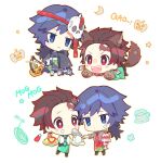  2boys :&lt; alternate_costume animal_ears apron bangs blue_eyes blue_hair blush brown_hair checkered checkered_neckwear chibi closed_mouth collar cup earrings fangs food food_on_face gloves halloween highres holding holding_food holding_weapon jack-o&#039;-lantern japanese_clothes jewelry kamado_tanjirou kimetsu_no_yaiba long_hair male_focus multiple_boys multiple_views omelet open_mouth paw_gloves paws ponytail red_eyes red_neckwear scar scar_on_face scythe shirt simple_background skull sparkle spiked_collar spikes tail tomioka_giyuu usu32 waist_apron weapon white_background 