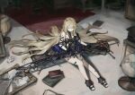  1girl absurdres alchemy_stars areia_(alchemy_stars) bare_shoulders black_gloves blonde_hair book breasts broken_mirror closed_mouth gloves highres holding holding_sword holding_weapon huge_filesize long_hair nashidrop sandals sitting solo sword thorns very_long_hair weapon 