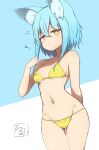 1girl absurdres animal_ear_fluff animal_ears ass_visible_through_thighs bangs bikini blue_background blue_hair blush breasts brown_eyes closed_mouth eyebrows_visible_through_hair groin hair_between_eyes hand_up highres idaten93 long_hair looking_at_viewer navel original small_breasts solo swimsuit terufu-chan thigh_gap two-tone_background white_background yellow_bikini