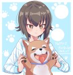  1girl animal bangs birthday blue_background border brown_eyes brown_hair character_name closed_mouth commentary dog english_text eyebrows_visible_through_hair girls_und_panzer happy_birthday highres holding holding_animal long_sleeves looking_at_viewer namatyoco nishizumi_maho outside_border paw_print shiba_inu shirt short_hair smile solo striped striped_shirt twitter_username white_border white_shirt 