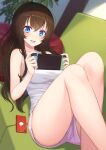  1girl :d bare_arms bare_legs bare_shoulders blue_eyes breasts brown_hair couch dolphin_shorts feet_out_of_frame game_console highres holding long_hair looking_at_viewer lying nintendo_switch nishino_eri on_back on_couch open_mouth original phone pink_shorts shirt short_shorts shorts sleeveless sleeveless_shirt smile solo thighs white_shirt 